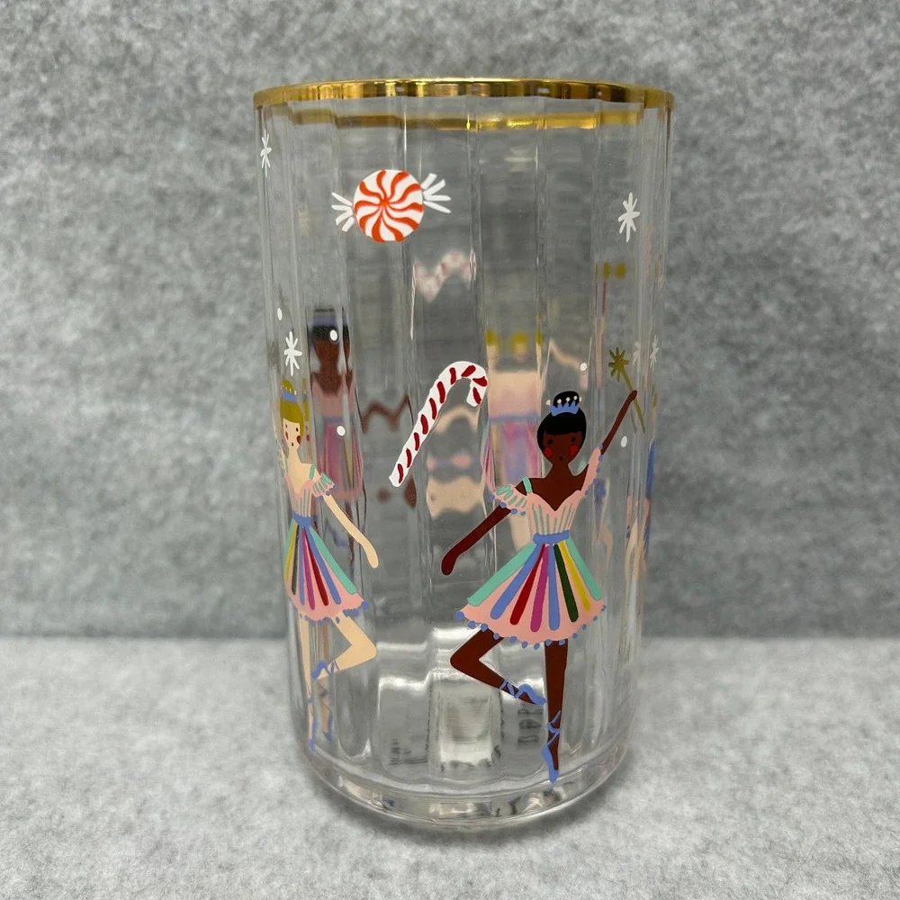 Rifle Paper Co for Anthropologie Nutcracker Juice Glass Set of 4 Gold Rim Fluted